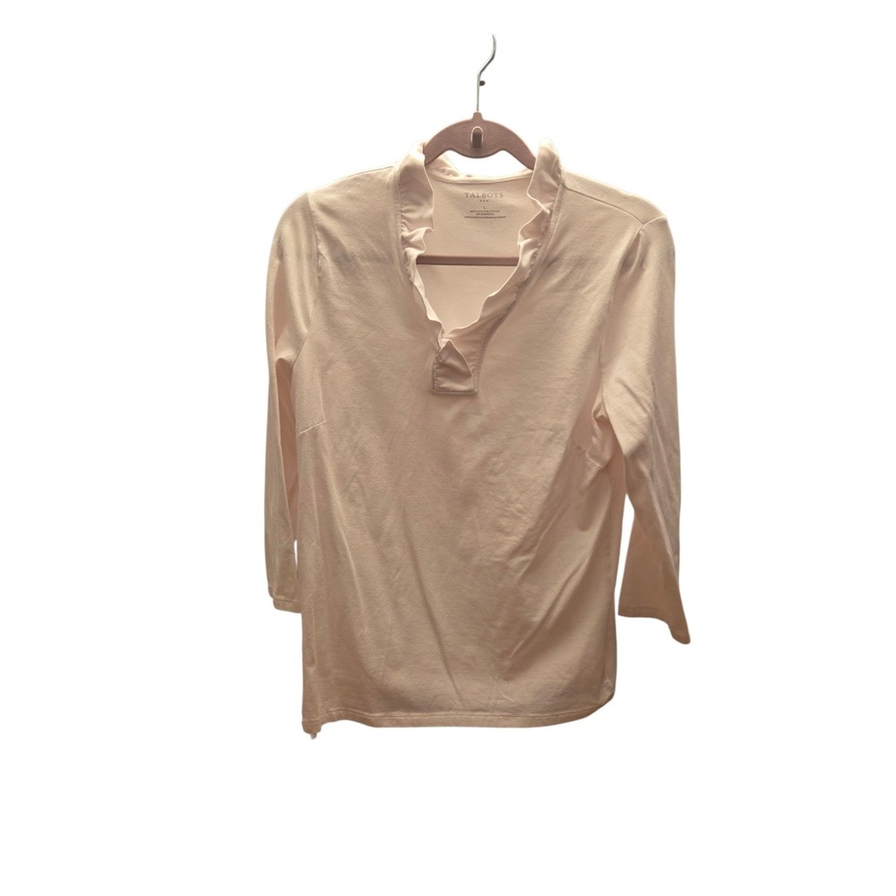 Talbots White Ruffle Split Neck Knit Top | Size Large